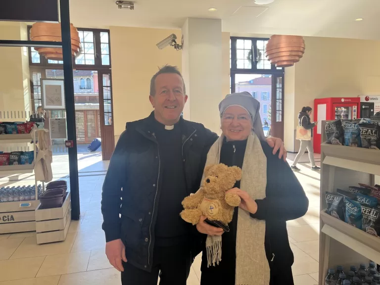 With Sr Rosemary of the Little Sisters of the Poor in Nice train station – 12 bears to Ma Maison in Nice for the elderly